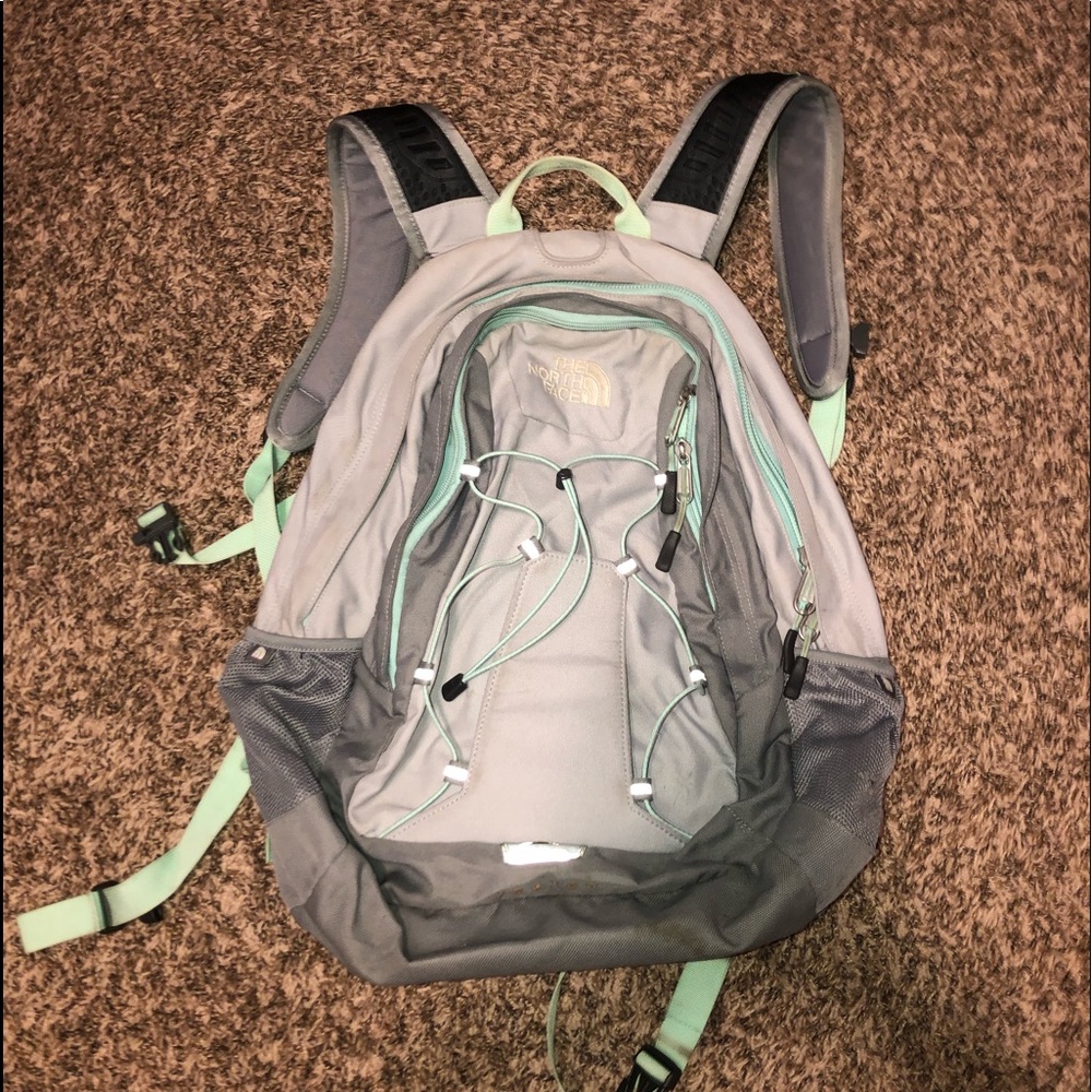 Gray and Mint Green North Face Backpack